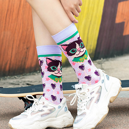 Feline Flair Crew Socks with cat face front picture