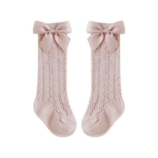 Baby calf socks in pink with bow