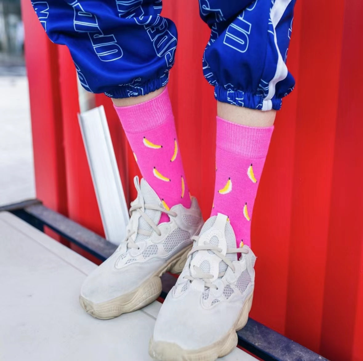 Pink banana socks on runner