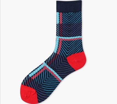 VivacityVibe Crew Socks in blue stripe with red toe and heel