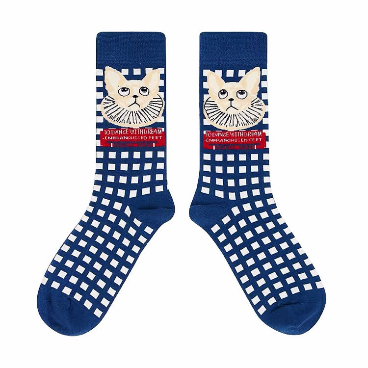 WhimsyWalk Artistic Socks in Blue KittyCat Face Front Picture