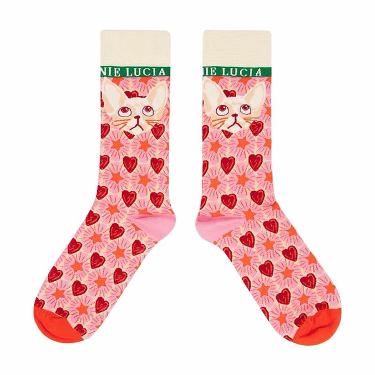 WhimsyWalk Artistic Socks in pink Kitty cat with red heart